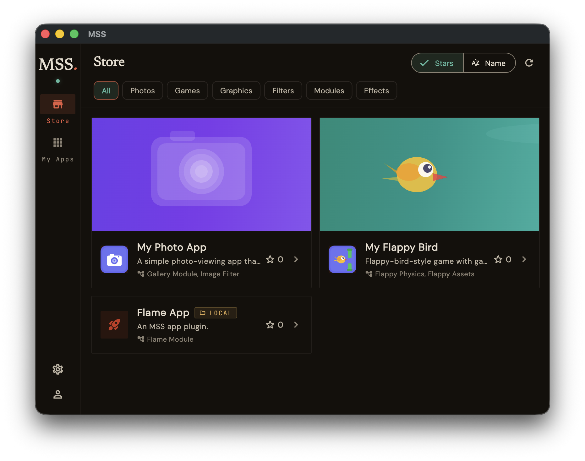 MSS desktop client — store view with photo, flappy bird, and flame app specimens